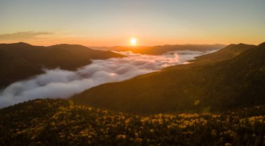 Sonbahar gündoğumunda karanlık dağ ormanları üzerinde parlak sisli bir sabah manzarası. Şafak vakti vahşi ormanın güzel manzarası.