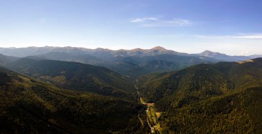 Gün batımında dağ tepelerini kaplayan koyu ladin ağaçlı yeşil çam ormanlarının hava manzarası. Yukarıdan orman manzarası yok.
