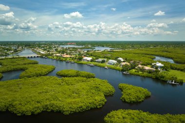 Florida yakınlarındaki ıssız yaban hayatı sulak alanlarında deniz kıyısında yeşil bitki örtüsü bulunan uzak banliyölerdeki kırsal özel evlerin havadan görüntüsü. Doğa kavramına yakın yaşamak.