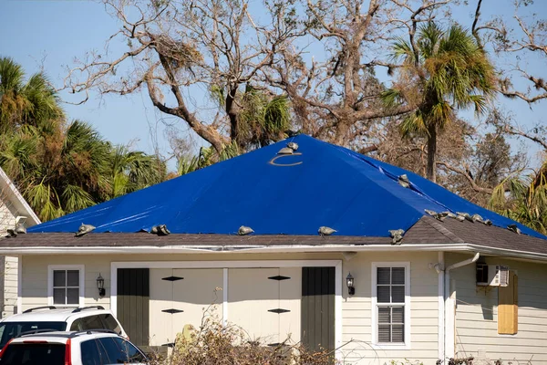 Ouragan Ian Endommagé Toit Maison Recouvert Une Bâche Plastique Protectrice — Photo