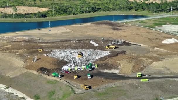 View Landfill Dump Site Garbage Waste Managment Bulldozer Tractors Burying — Stock Video