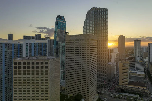 stock image Aerial view of downtown office district of of Miami Brickell in Florida, USA at sunset. High commercial skyscraper buildings and urban traffic in modern american megapolis.