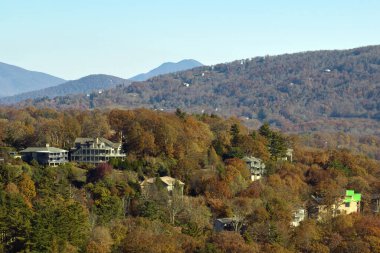 Kuzey Carolina 'nın banliyölerindeki sarı sonbahar ağaçları arasındaki tepenin üzerindeki pahalı konutların manzarası. Amerikan banliyölerinde emlak gelişimine örnek olarak Amerikan rüya evleri.