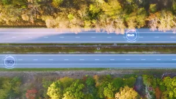 Αεροφωτογραφία Των Αυτόνομων Αυτοκινήτων Οδήγηση Στην Αμερικανική Εθνική Οδό Γρήγορη — Αρχείο Βίντεο