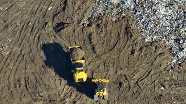 Aerial View Big Landfill Dumping Site Bulldozer Tractors Burying Large — Stock Video