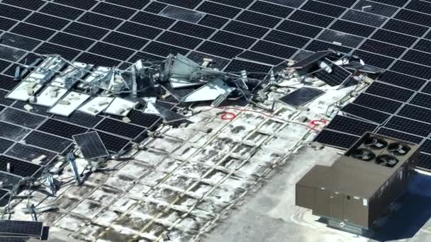 Aerial View Damaged Hurricane Wind Photovoltaic Solar Panels Mounted Industrial — Vídeos de Stock