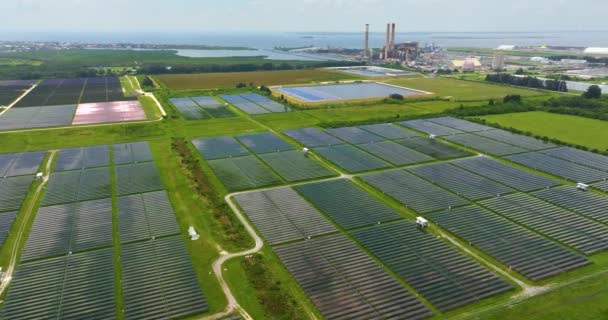 フロリダ州タンパ近くのアポロビーチのビッグベンド発電所での太陽光発電パネルの空中ビュー 化石燃料から電気エネルギー生産の持続可能な燃料への移行 — ストック動画