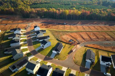 Güney Carolina yerleşim bölgesinde inşa edilmiş yoğun konut evlerinin yukarıdan görüntüsü. Amerikan banliyölerinde emlak gelişimine örnek olarak Amerikan rüya evleri.