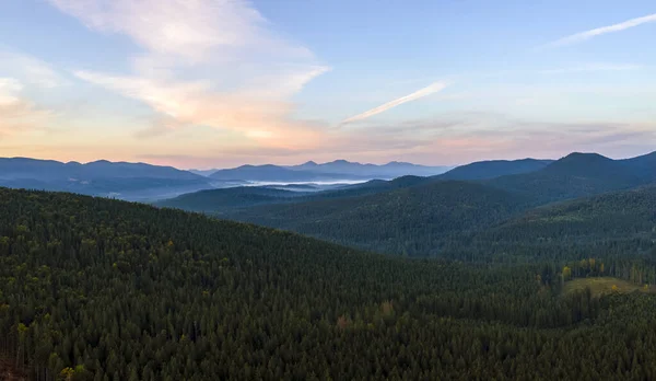 秋の日の出で山の森の木々と暗い丘の上に明るい霧の朝の空中ビュー 夜明けに野生の森の美しい景色 — ストック写真