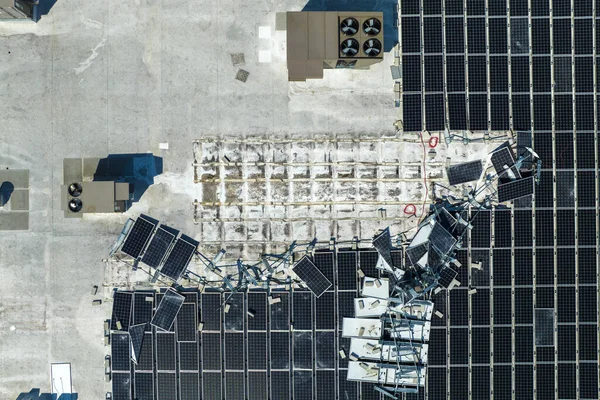 Aerial View Damaged Hurricane Wind Photovoltaic Solar Panels Mounted Industrial —  Fotos de Stock