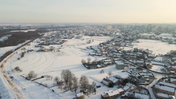 Aerial View Private Homes Snow Covered Roofs Rural Suburbs Town — Stock Video