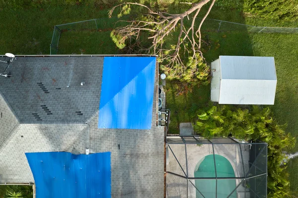 Top View Leaking House Roof Covered Protective Tarp Sheets Rain — Stock Photo, Image