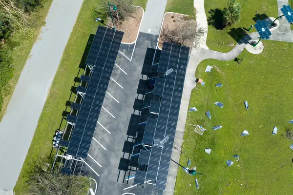 Destroyed Hurricane Wind Solar Panels Installed Parking Lot Canopy Shade — Stock Photo, Image