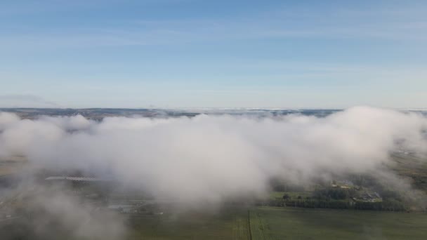 Aerial View High Altitude Landscape Covered Puffy Morning Fog Cold — Stockvideo