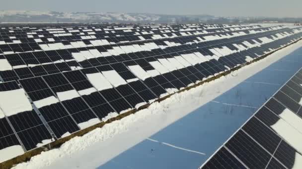 Aerial View Electrical Power Plant Solar Panels Covered Snow Melting — Video Stock