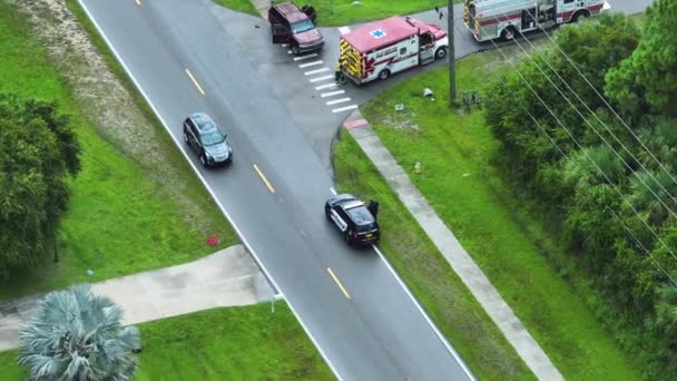 Aerial View Emergency Services Personnel Vehicles Responding Accident Site American — Stock Video