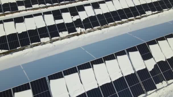 Aerial View Electrical Power Plant Solar Panels Covered Snow Melting — Wideo stockowe