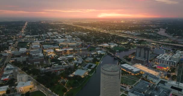 Vista Aérea Centro Cidade Tampa Flórida Eua Pôr Sol Edifícios — Vídeo de Stock