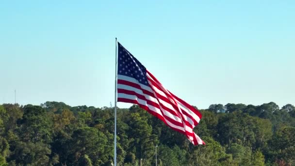 アメリカ国旗が青い空に向かって風になびいている 民主主義の象徴としてのアメリカの星と縞模様の旗 — ストック動画