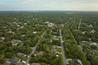 Aerial landscape view of suburban private houses between green palm trees in Florida rural area.