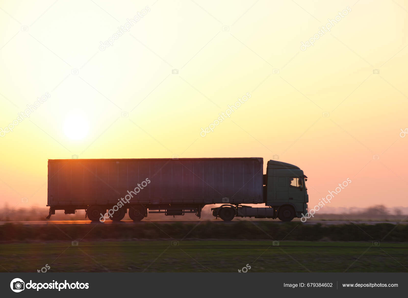 Semi Truck Cargo Trailer Driving Highway Hauling Goods Evening Delivery