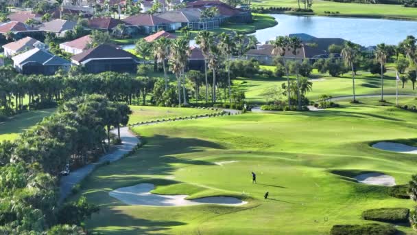 Flygfoto Spelare Som Tränar Golf Stor Grön Golfbana Soliga Florida — Stockvideo