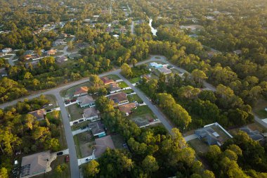 Florida sakin yerleşim bölgesinde yeşil palmiye ağaçları arasında özel evleri olan banliyö manzarası.