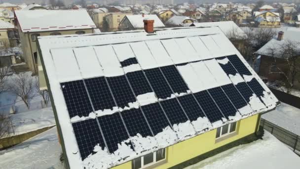 Aerial View House Roof Solar Panels Covered Snow Melting Winter — Video Stock