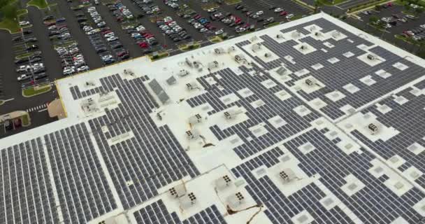 Aerial View Many Photovoltaic Panels Installed Shopping Mall Roof Top — Stock video