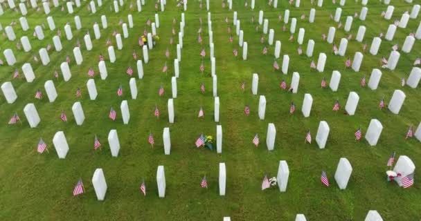 緑の芝生の芝生の上に白い墓の石の行を持つアメリカの国立軍事墓地 記念の日のコンセプト — ストック動画