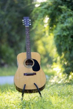 Acoustic guitar outdoors on greenery background. Concept of calm music.