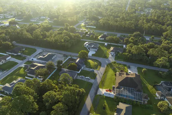 Florida 'nın sakin kırsal kesimindeki yeşil palmiye ağaçları arasındaki banliyö özel evlerinin hava manzarası.