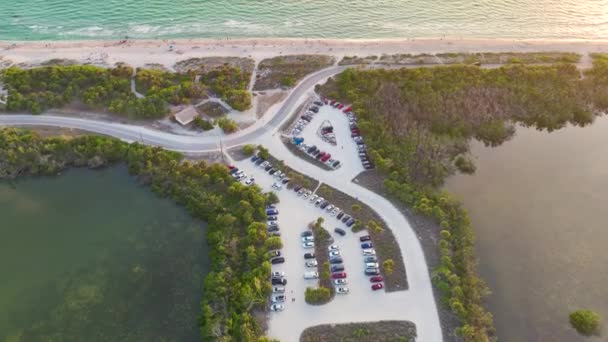Vista Aerea Auto Parcheggiate Sulla Spiaggia Dell Oceano Parcheggio Vacanza — Video Stock