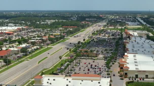 Aerial View Shopping Plaza Stores American Wide Highway Many Driving — Stock Video