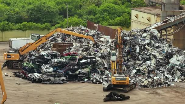 Car Dump Junkyard Cranes Recycling Old Vehicle Frames Scrap Metal — Stock Video
