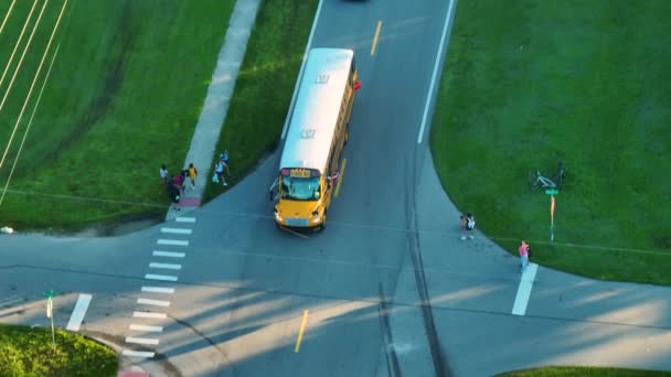 Hagyományos Amerikai Sárga Iskolabusz Felveszi Gyerekeket Vidéki Városi Megállóban Kora — Stock videók