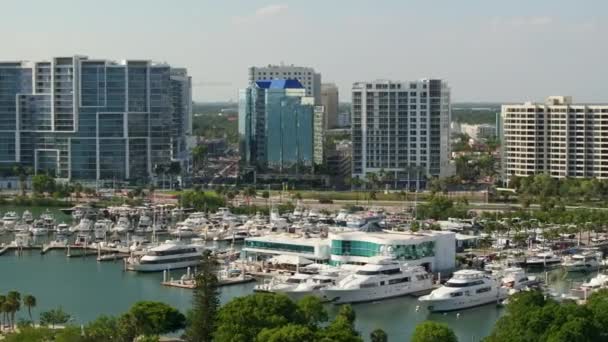 米国フロリダ州サラソータ市のダウンタウンにある高層ビルの上からの眺め 多くの高価なヨットとモーターボートを持つベイマリーナ ビジネス金融地区を持つアメリカのメガポリス — ストック動画