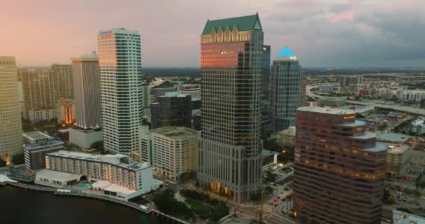 Kvällslandskap Centrala Tampa Florida Usa Amerikansk Stadssiluett Med Starkt Upplysta — Stockvideo