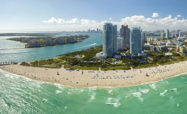 View from above of american southern seashore of Miami Beach city. South Beach high luxurious hotels and apartment buildings. Tourist infrastructure in southern Florida, USA.