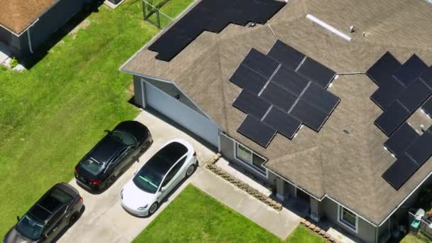 Aerial View Typical American Building Roof Rows Blue Solar Photovoltaic — Stock videók