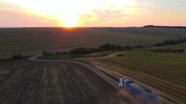 Tarım buğday tarlaları arasında toprak yolda giden kargo kamyonunun hava görüntüsü çok toz yapıyor. Hasat mevsiminde hasatçıların topladığı tahıl naklinden sonra..