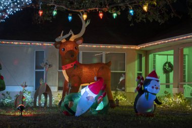 Florida aile evinin ön bahçesinde parlak ışıklandırılmış noel süslemeleri. Kış tatili için dışarıda dekor.