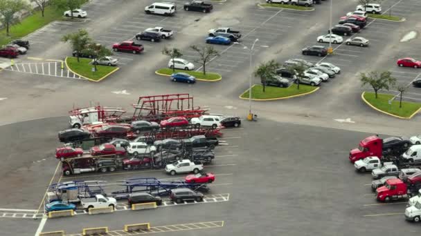 Dealer Parking Lot Big Rig Semi Trucks Long Haulage Loaded — Stock Video