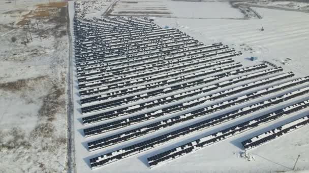 Aerial View Electrical Power Plant Solar Panels Covered Snow Melting — ストック動画