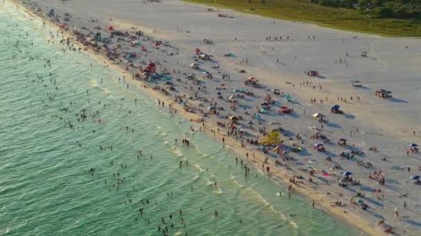 米国サラソータの混雑したシエスタキービーチのハイアングルビュー 多くの人が海水で泳ぎ 日没時に暖かいフロリダの日差しでリラックスして休暇を楽しんでいます — ストック動画