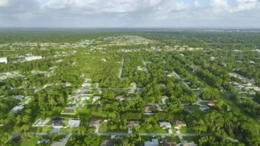 Florida 'nın sakin kırsal kesimindeki yeşil palmiye ağaçları arasındaki banliyö özel evlerinin manzarası.
