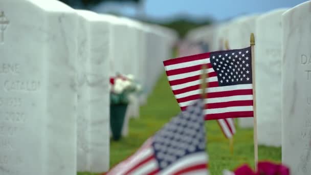 Amerikanischer Nationaler Soldatenfriedhof Mit Reihen Weißer Grabsteine Auf Grünem Rasen — Stockvideo