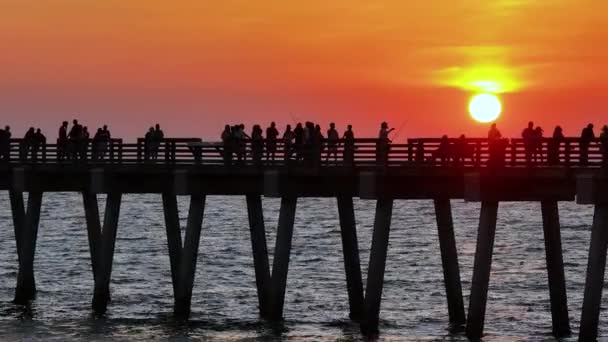 Les Gens Profitant Coucher Soleil Lumineux Sur Jetée Pêche Venise — Video