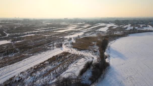 Εναέρια Άποψη Των Χιονισμένων Γεωργικών Αγρών Άγονη Επιφάνεια Χειμώνα — Αρχείο Βίντεο