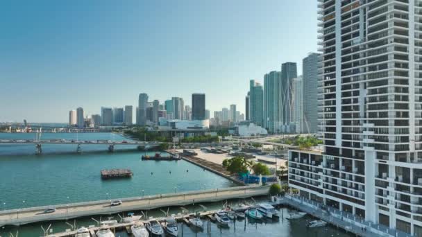 Розкішні Яхти Причалені Біскайській Затоці Міський Пейзаж Центрального Району Маямі — стокове відео